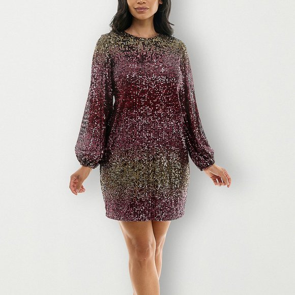 Gold & Pink Ombre Long Sleeve Sequin Shift Dress, 2 - Picture 1 of 16